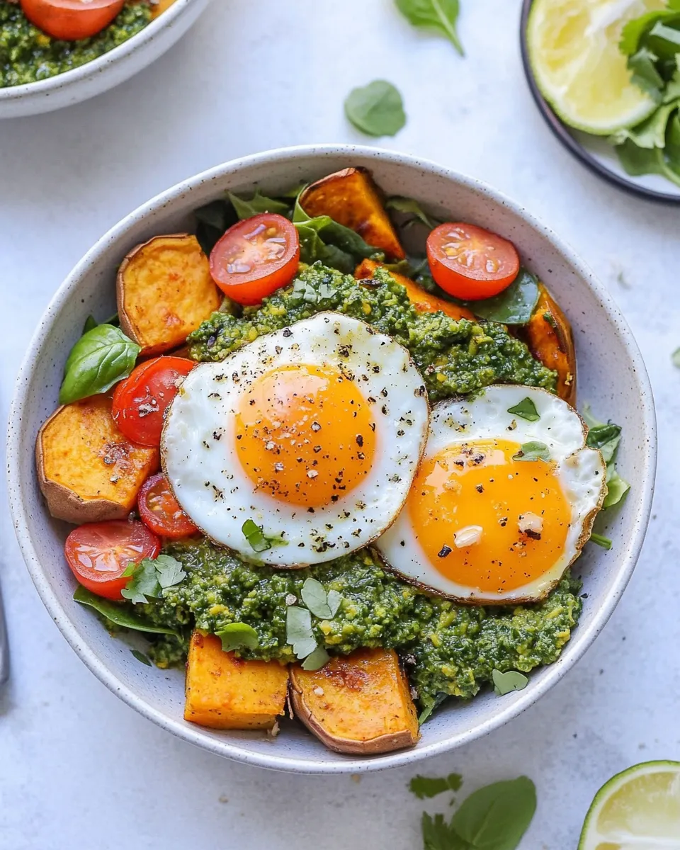 Homemade Pesto Eggs Breakfast Bowls with Sweet Potatoes and Greens photo