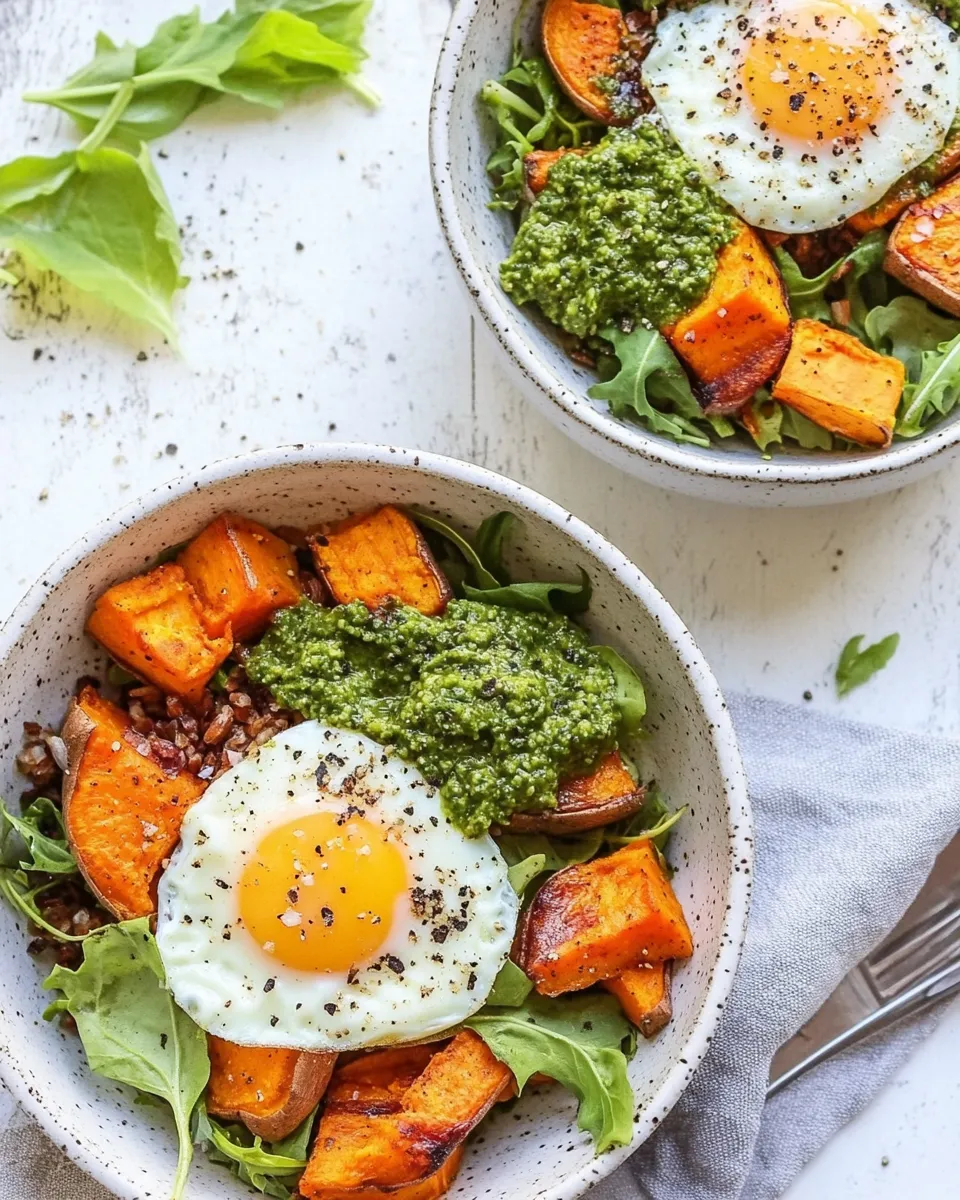 Classic Pesto Eggs Breakfast Bowls with Sweet Potatoes and Greens image