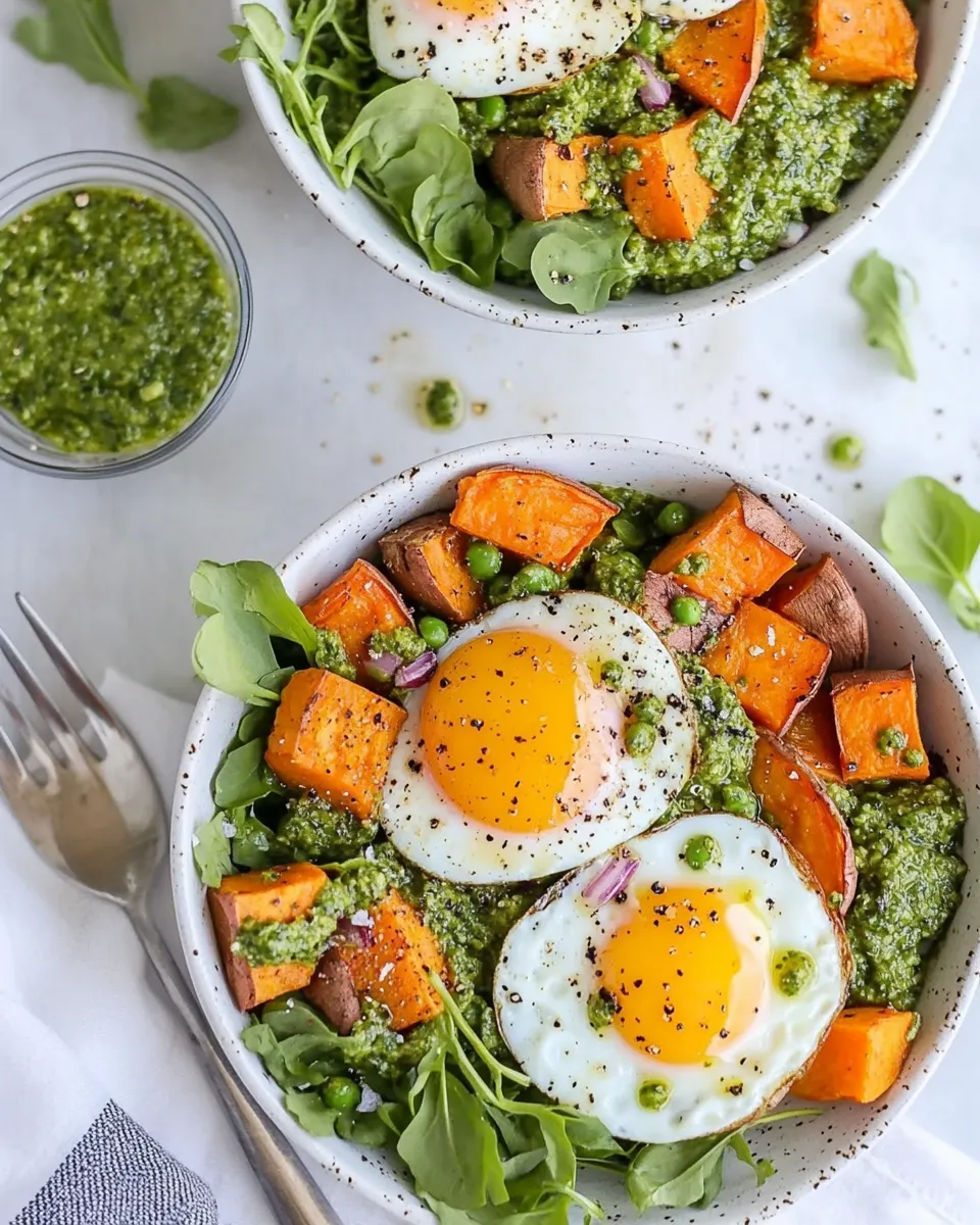 Easy Pesto Eggs Breakfast Bowls with Sweet Potatoes and Greens recipe photo