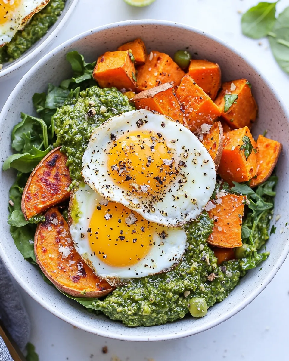 Delicious Pesto Eggs Breakfast Bowls with Sweet Potatoes and Greens shot
