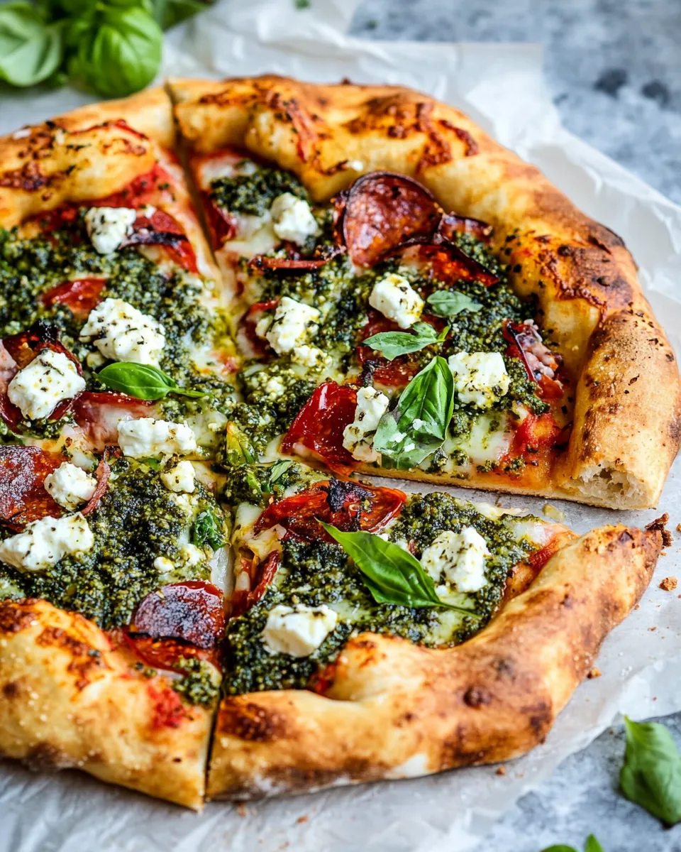 Amazing Pesto Pizza with Feta Stuffed Crust. photo