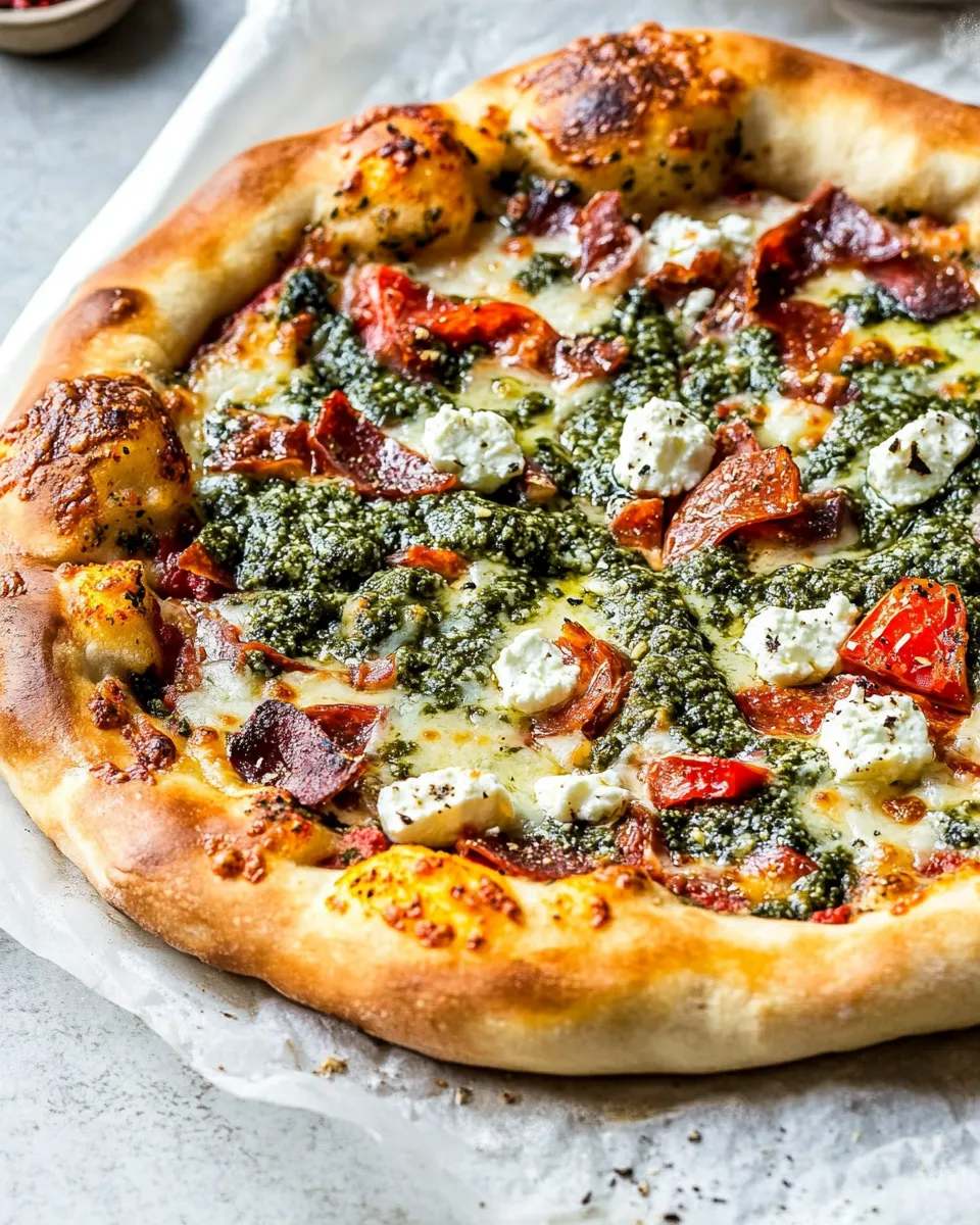 Perfect Pesto Pizza with Feta Stuffed Crust. photo