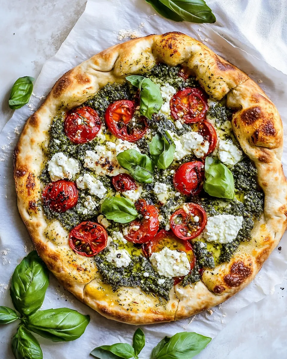 Ultimate Pesto Pizza with Feta Stuffed Crust. photo