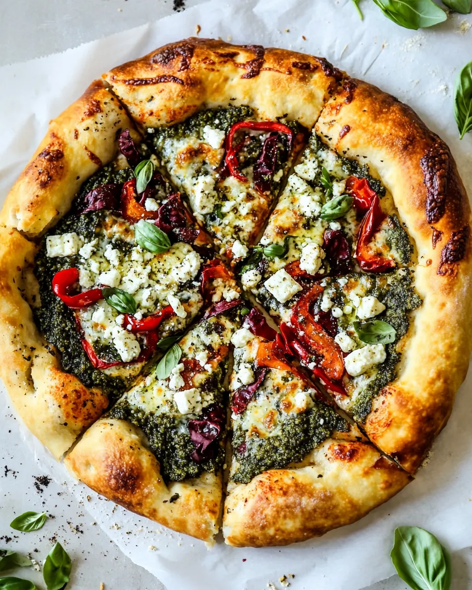 Classic Pesto Pizza with Feta Stuffed Crust. photo