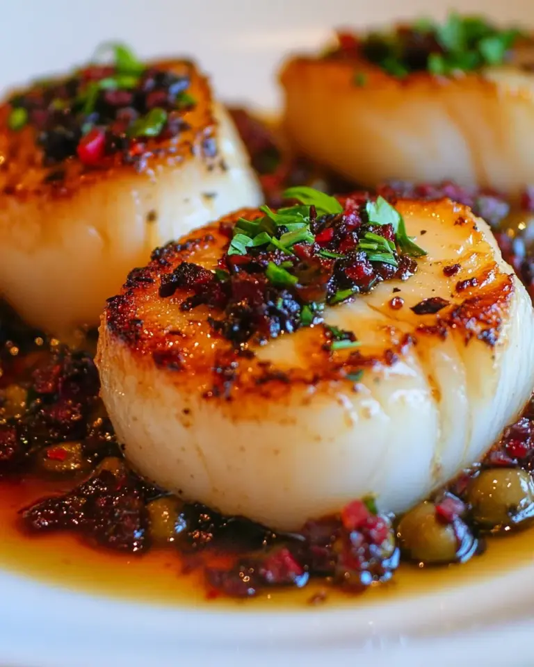 Homemade Seared Sea Scallops with Garlic Olive Compote photo