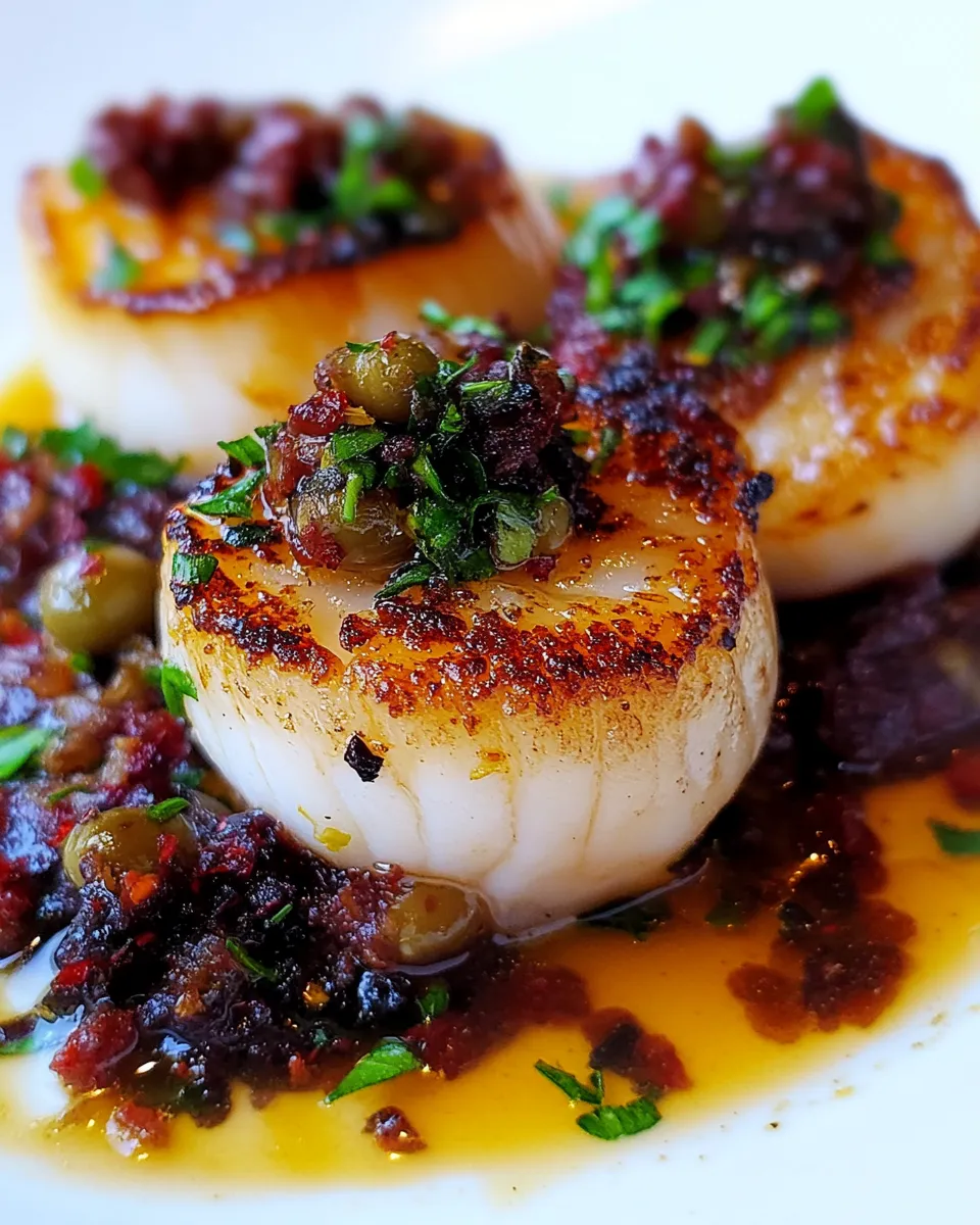 Classic Seared Sea Scallops with Garlic Olive Compote image