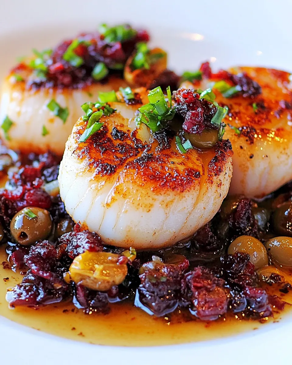 Easy Seared Sea Scallops with Garlic Olive Compote shot