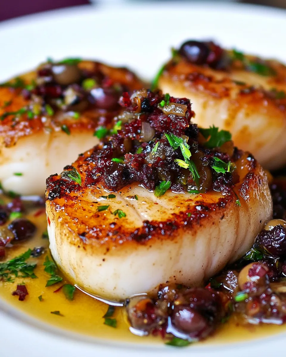 Delicious Seared Sea Scallops with Garlic Olive Compote recipe photo