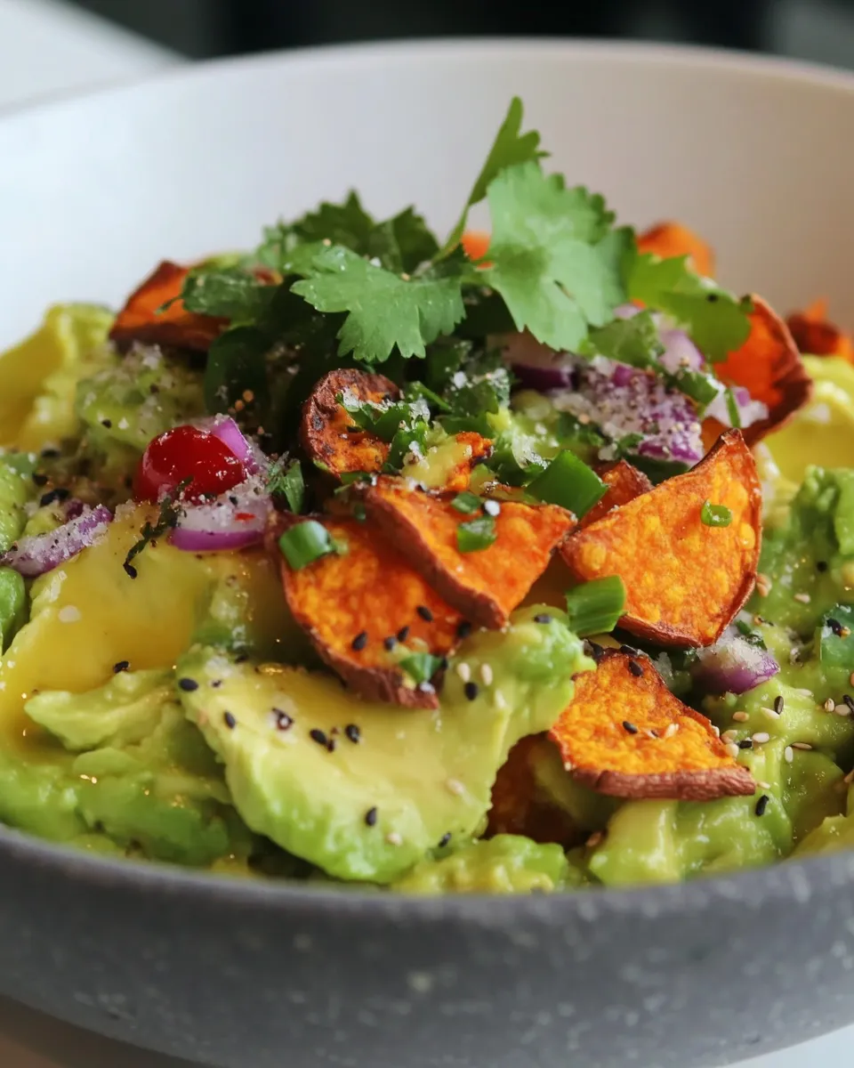 Tasty Smashed Avocados with Sweet Potato Chips shot