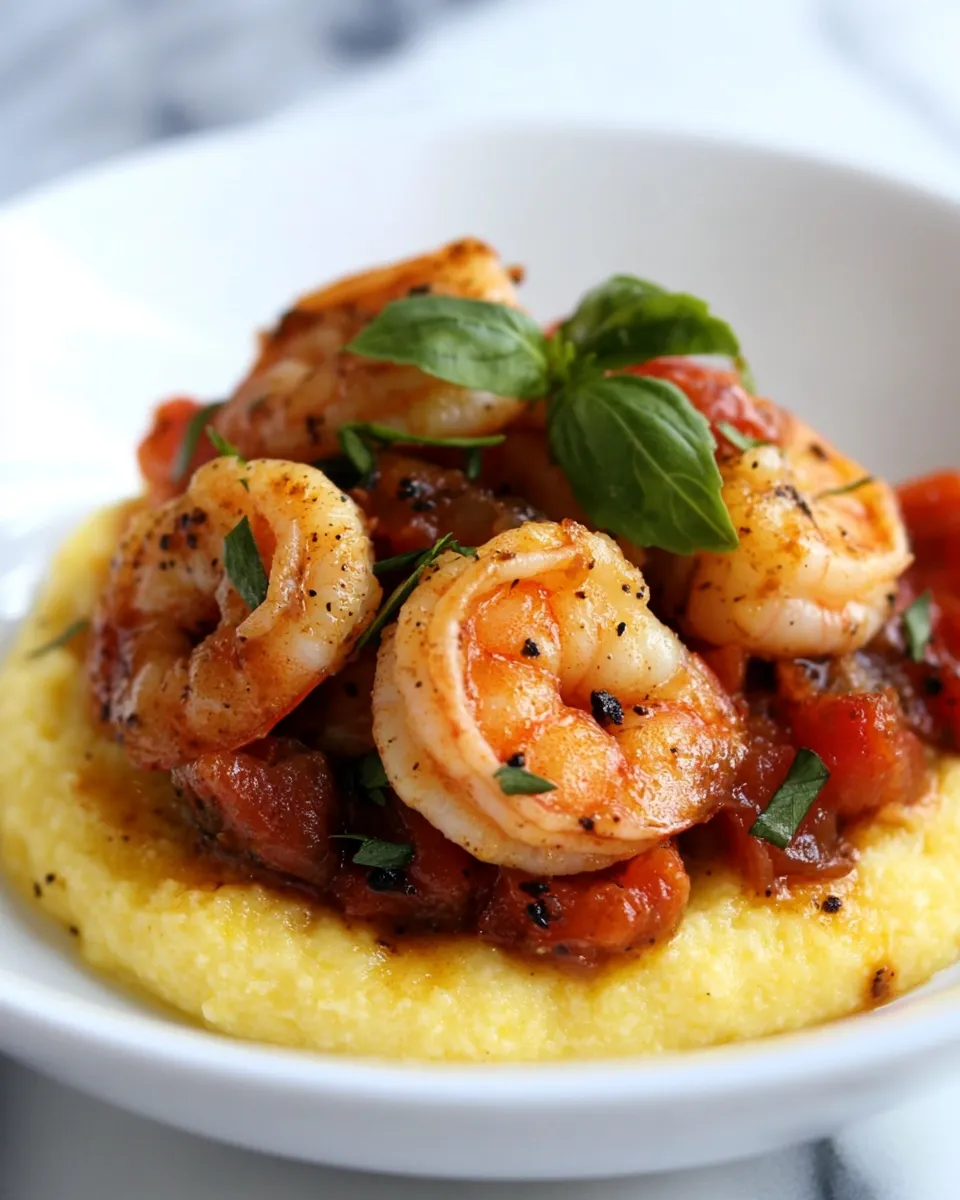 Tasty Spicy Shrimp Over Creamy Polenta shot