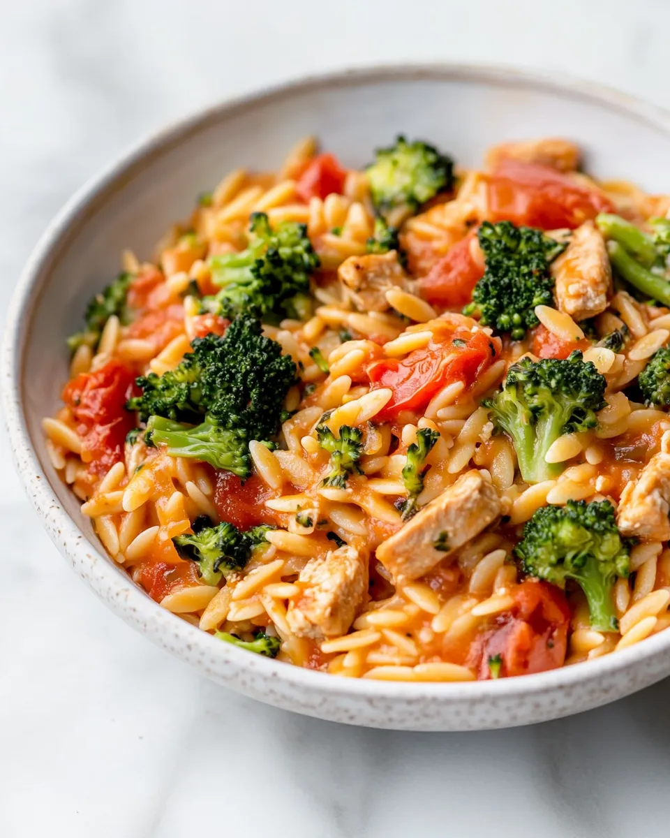 Delicious Tomato Orzo with Chicken Sausage and Broccoli image