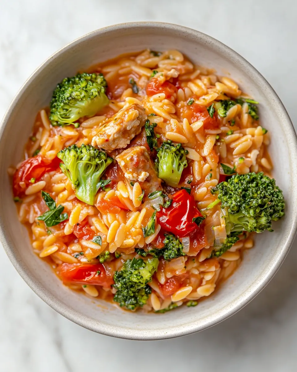 Healthy Tomato Orzo with Chicken Sausage and Broccoli dish photo