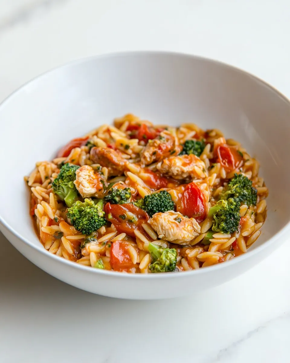 Quick Tomato Orzo with Chicken Sausage and Broccoli food shot