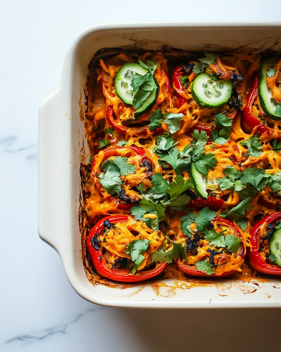Easy Vegan Stuffed Pepper Casserole with Spicy Sunflower Cheese recipe photo