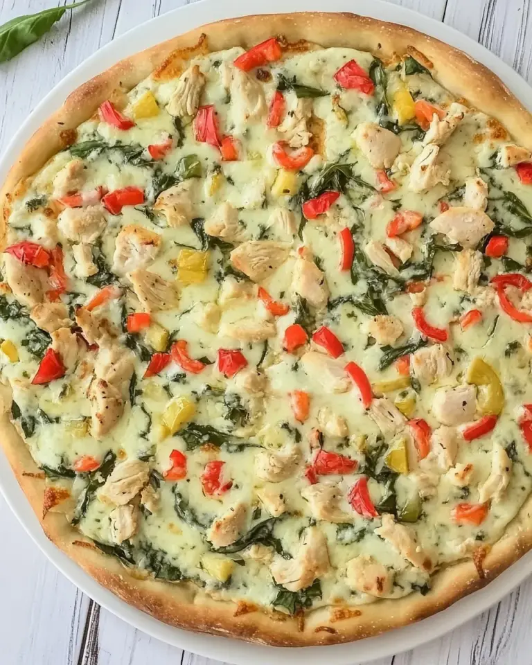 Homemade White Garlic Chicken and Vegetable Pizza photo