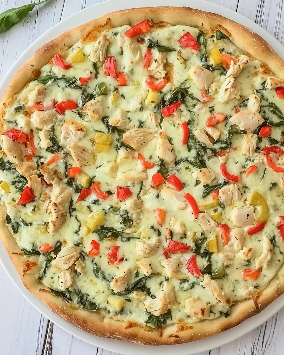 Homemade White Garlic Chicken and Vegetable Pizza photo