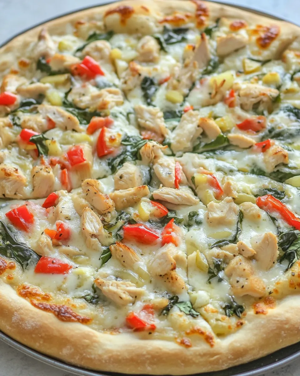 Delicious White Garlic Chicken and Vegetable Pizza shot