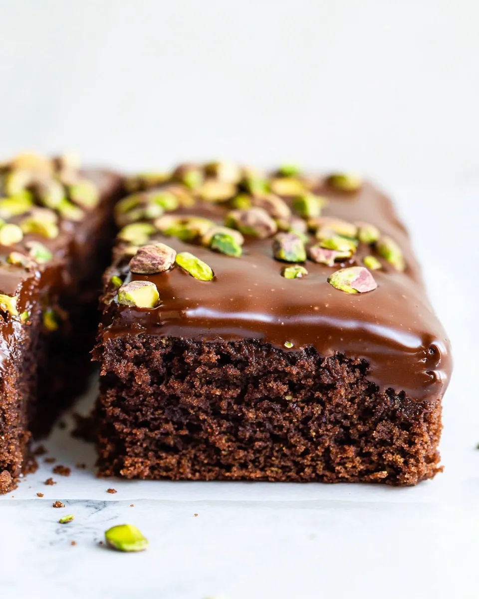 Homemade Whole Wheat Chocolate Fudge Zucchini Snack Cake with Candied Pistachios. photo