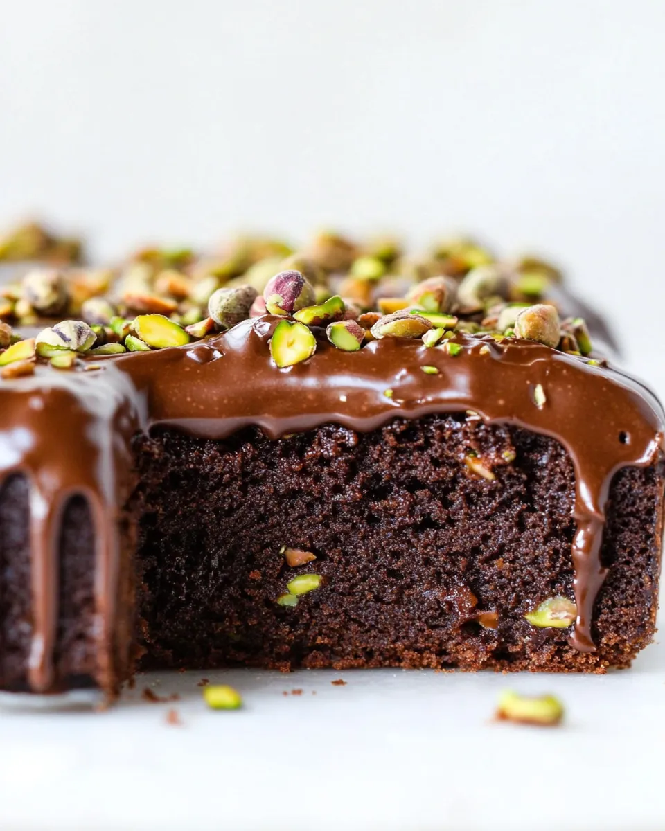 Easy Whole Wheat Chocolate Fudge Zucchini Snack Cake with Candied Pistachios. recipe photo