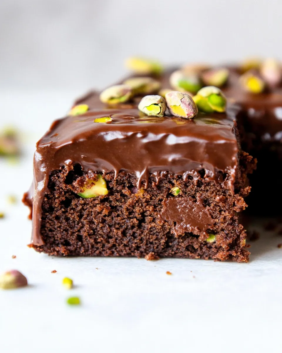 Simple Whole Wheat Chocolate Fudge Zucchini Snack Cake with Candied Pistachios. food shot
