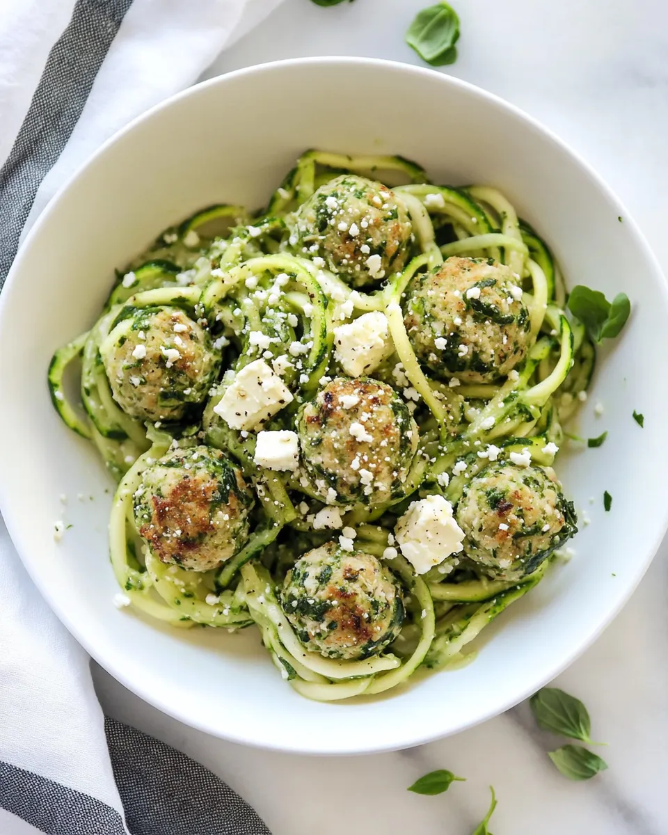 Delicious Zucchini Noodles with Mini Chicken Feta and Spinach Meatballs. image