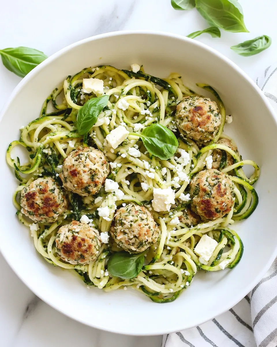 Quick Zucchini Noodles with Mini Chicken Feta and Spinach Meatballs. recipe photo