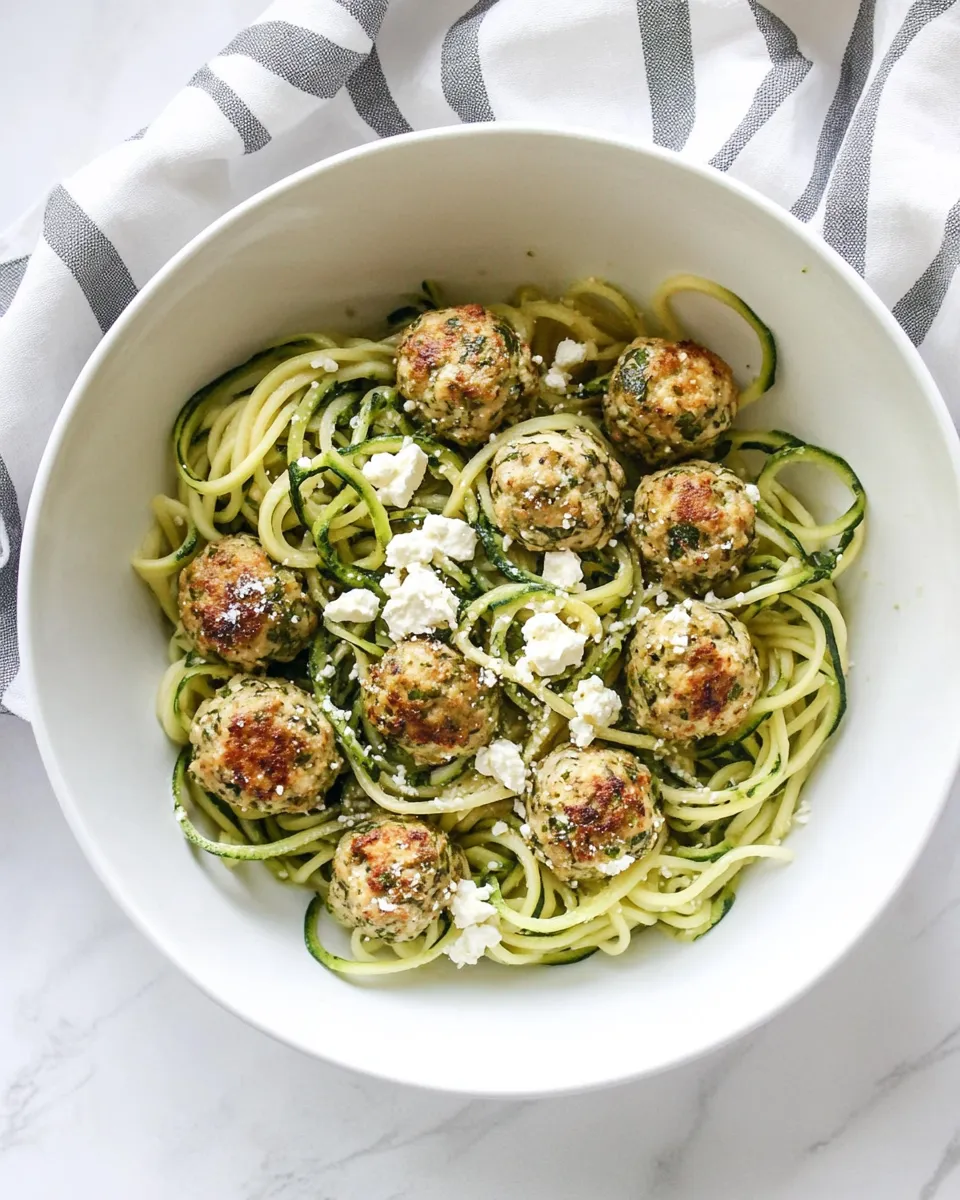 Savory Zucchini Noodles with Mini Chicken Feta and Spinach Meatballs. dish photo